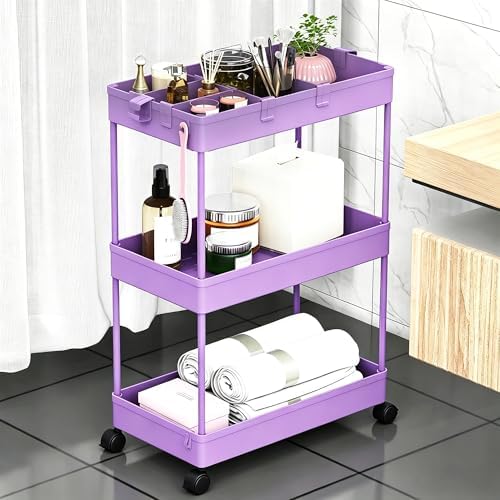 SPACELEAD Slim Storage Cart 3 Tier,Bathroom Organizer Rolling Utility,Mobile Shelving Unit Slide Out for Office, Kitchen, Laundry Room & Narrow Places,Purple