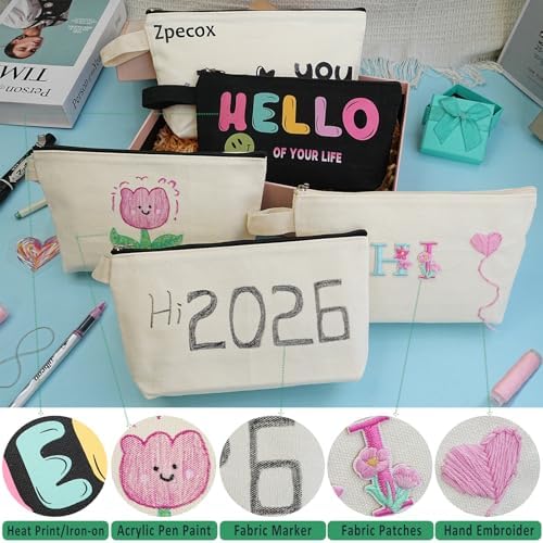 12PCS Black Cosmetic Pouch with Bottom, 12Oz Thick Cotton Canvas Cloth Pouches with Handle & Zipper for Travel Daily Makeup Toiletry Stationery Storage, for Sublimation (M, 10.24x5.5x2.1'')