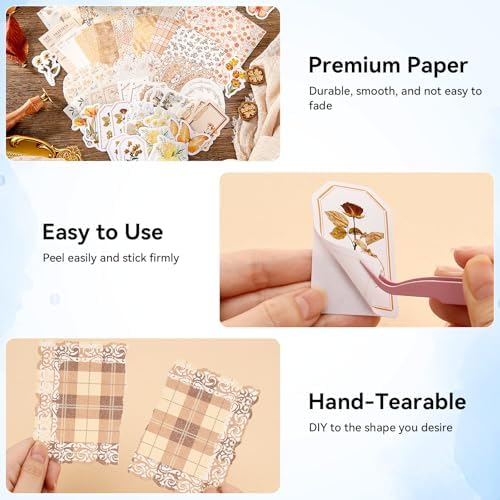LIGHOON 400 Pcs Vintage Floral Scrapbook Paper, Floral Journaling Stickers Kit, 4 Pack Junk Journal Supplies for Bullet Journaling DIY Retro Crafts Planner Card Notebook Album