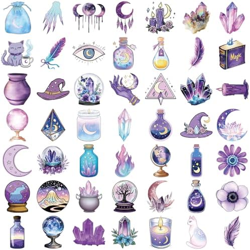 50 Pack Magic Witch Holographic Stickers for Teens- Transparent Waterproof PET Stickers for Journal, Phone Case, Cup, Laptop, Scrapbook- Ins Aesthetic Scrapbook Decorations