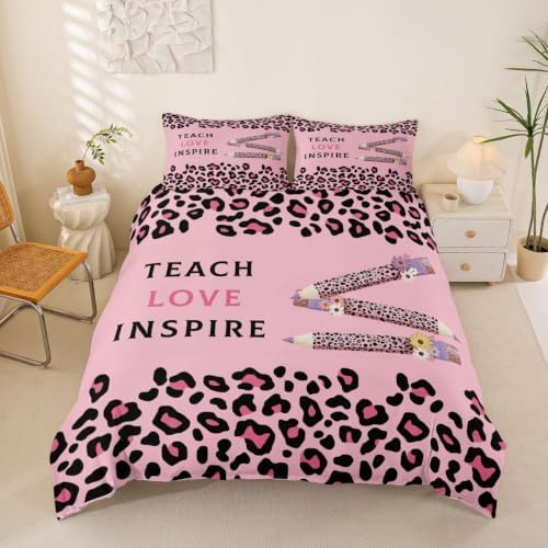 Erosebridal Pink Leopard Duvet Cover Queen Size Floral Leopard Pencil Bedding Set for Adults Teens Women Pink Educator Artwork Comforter Cover Boho Aesthetic Bedclothes Room Decor