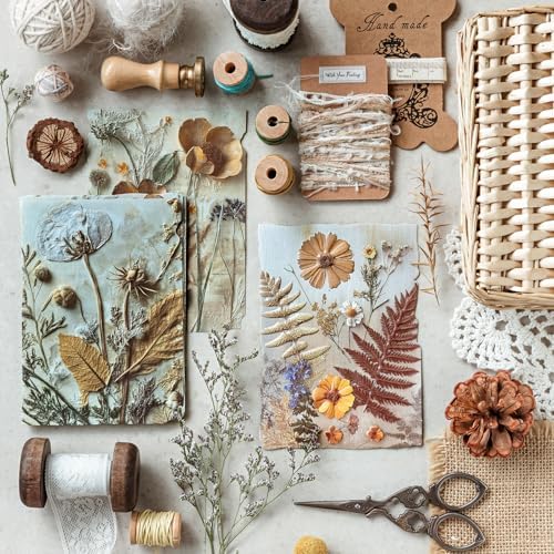 138Pcs Scrapbook Paper Textured Journaling Scrapbooking Supplies Kit Decorative Craft Paper Assorted for Junk Journals Card Crafts Making, Flower Grass Letter