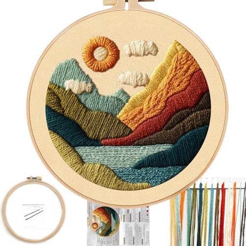 FONNUY Embroidery Kit for Beginners, Textured Vibrant Nature Landscape Pre-Stamped Pattern Kits for Adults with Hoop, Easy to Follow Color Thread Needlework, 8'' Hoop (Green 1)