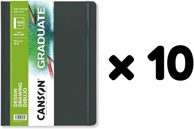 Canson Graduate Drawing Paper Hard Cover Art Journal, 8.5" x 11", 98 lb. (160gsm), Artist Paper for Pencil, Ink, Pen, and Marker Illustration, 52 Sheets/Sketch Book, Class Pack of 10, 520 Sheets Total