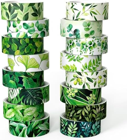 Botanical Green Washi Tape Set- 16 Rolls Leaf Themed Decorative Tape for Journals & Nature Crafts Scrapbooks (0.6" x 10 ft) - Monstera, Bamboo, Olive, Ginkgo, Mint Leaves