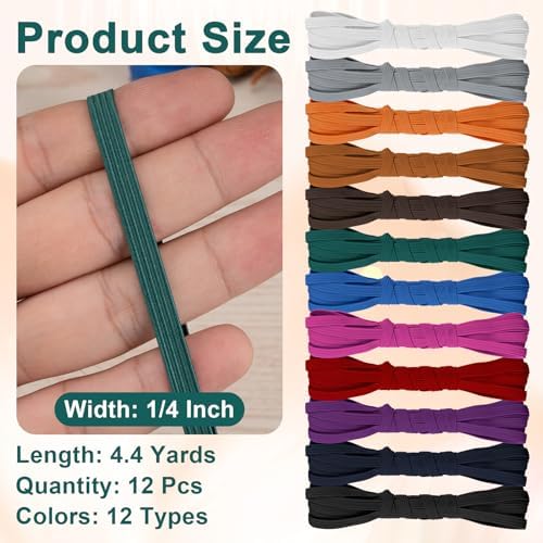 Airisoer Elastic Bands for Sewing 12 Rolls 1/4" x 4.4 Yards, Dark Colors