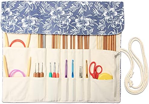 Teamoy Knitting Needle Case Organizer Holder Roll(up to 14"), Blue Flowers