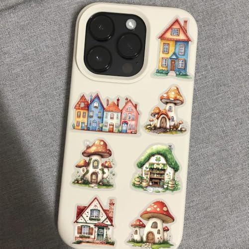 50PCS Fairy Tale Cottage Stickers – Waterproof Clear Stickers of Whimsical Fantasy Houses, Mushroom Homes & Vintage Storybook Buildings for Scrapbooking, Journaling, Art Crafts,Water Bottle, Laptop