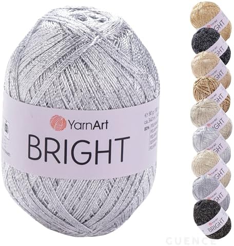 YarnArt Bright Metallic Glitter Yarn – 80% Polyamide 20% Metallic Polyester, 90g 340m, Soft Sparkle Fiber for Crochet, Lace, Summer Tops & Accessories – 4 mm Needle & Hook (128, Silver)