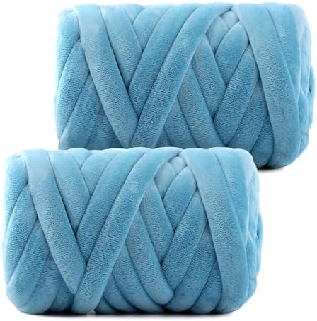 Chunky Yarn for Hand Knitting- Velvet Chenille Tube Yarns- Jumbo Yarns for Blankets, Pet Beds, Machine Washable (0.66 Lb/18.59 Yd), Easy No-Tool Arm Knitting & Crochet Project (2, Misty Blue)
