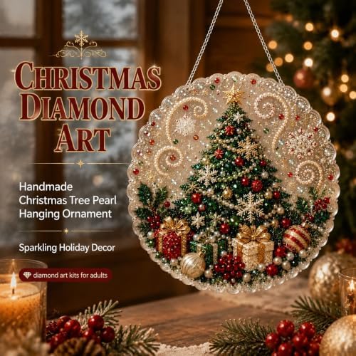 Christmas Pearl Diamond Painting Suncatcher Kit, Pearl Diamond Art Kits for Adults | 3D Mixed-Sized Christmas Bead Art Craft with Acrylic Round Board for Home Decor and Holiday Gifts (Style C)