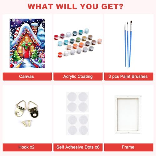 SENQAO Christmas Paint by Numbers for Adults Beginners Framed, Candy House Adults' Paint-by-Number Kits, Adult Paint by Number Kits on Canvas, Acrylic Number Painting for Home Decor, 8x12inch