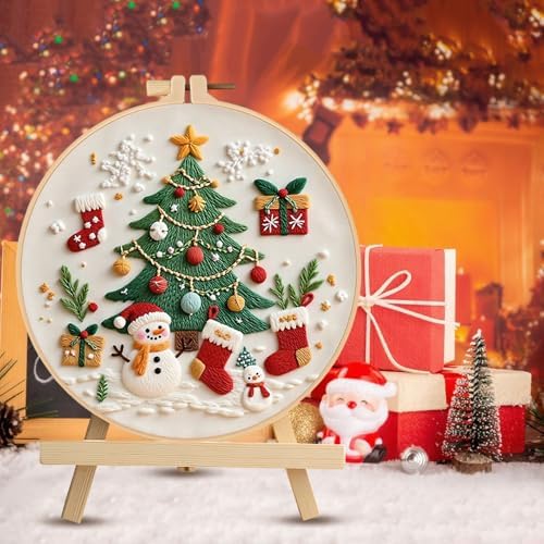 RUIQLXHANG Christmas Embroidery Kit, Gnomes Embroidery Kits for Beginners with Pattern, Cotton Threads, Needles, Instruction, 20cm Hoop, Gift for Mom, Grandma (Christmas Tree)