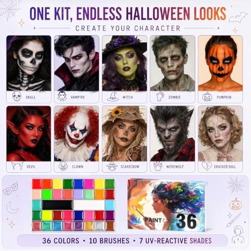 Face Body Paint Kit 36 Colors, 11 UV Neon Glow, 10 Brushes for Halloween