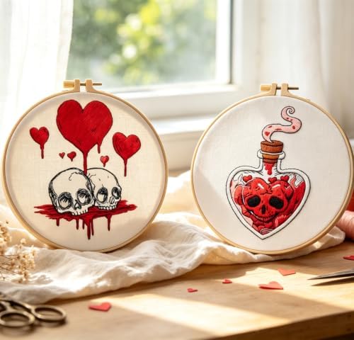 Halloween Goth Embroidery Kits for Beginners Adults, Dark Skull Embroidery Sets Needlepoint Kits, Halloween Stamped Cross Stitch Kits for Beginners Adults, 2 Embroidery Hoops (Attached Video Tutorial)