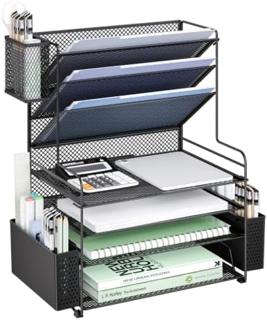 WALI Desk File Organizer, 7 Tier Desktop Paper Letter Tray Organizer with Drawer and 3 Pen Holders, Office Desk Accessories & Workspace Organizers for Office, Home, School Supplies, 1 Pack, Black