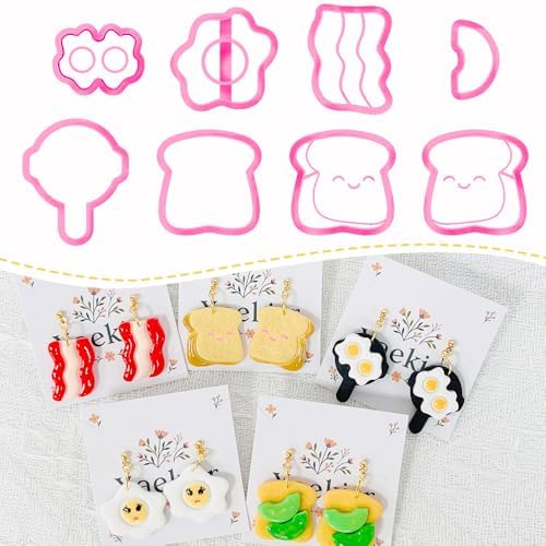 Xaekicr 8Pcs Breakfast Theme Polymer Clay Cutters Set – Toast, Bacon, Egg Shapes | Fun Clay Earring Cutters | Polymer Clay Molds for Jewelry Making | Clay Tools for DIY Crafts