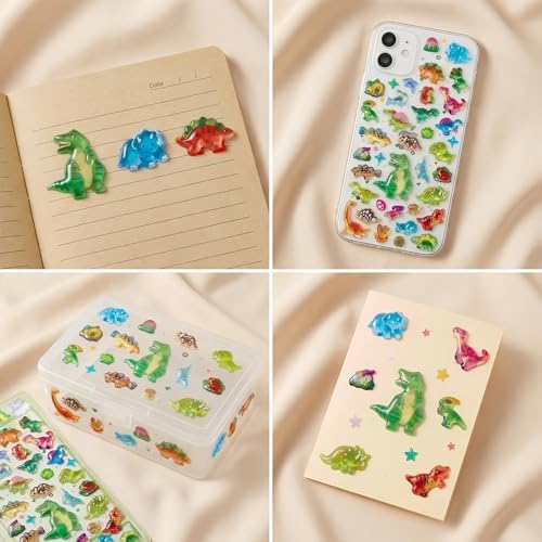 【4 Sheets】 Airy 3D Puffy Stickers,Dinosaur Resin Decorative Stickers, Cute Small Stickers for Kids，Girls, Adults, Reusable Tiny Stickers for Phone Case, Notebook - Perfect for Craft and GIF (Tender)