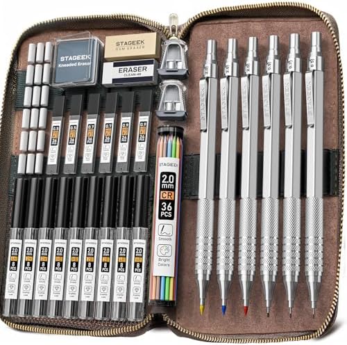 STAGEEK 30Pcs Silver Metal Mechanical Pencil Set with Leather Case | 6PCS Art Drafting Pencils, 0.5, 0.7, 0.9, 2.0MM Mechanical Drawing Pencils, with 300PCS(6B/4B/2B/HB/2H/4H/Colors)Lead Refills