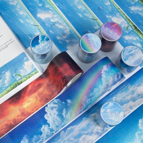 Cloud Washi Tape Set,6 Rolls Scrapbook Sky Stickers Supplies,Self-Adhesive Aesthetic Washi Tape Stickers for Scrapbooking,Bullet Journaling,Wedding Invitation(Speculating Clouds)