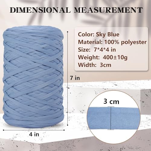400g T-Shirt Yarn Elastic Fabric Crochet for DIY Knitting, 130 Yards Spaghetti Thick Knitting Yarn for Hand DIY Bag Basket Cushion Crocheting Projects, Home Decor (Sky Blue)
