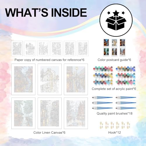 6 Pack Paint by Numbers Kit for Adults Beginner Street Scenery, 10x14 Inch | City View DIY Acrylic Painting, Without Frame Canvas, Stress Relief Craft Kits, For Home Wall Decor Gift