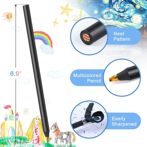 12 Colors Rainbow Pencils for Kids Adults, Rainbow Colored Pencil Art Supplies for Girls Boys, Black Wooden Multi Colored Pencils Bulk for Coloring Drawing Sketching, Pre-sharpened