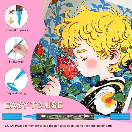 144 Colors Dual Tip Acrylic Paint Markers - Fine & Brush Paint Pens, Water-Resistant, Non-Toxic, Opaque Acrylic Markers Set for Rock Painting, Wood, Glass, Ceramic, Canvas & Fabric - 10 Extra Nibs