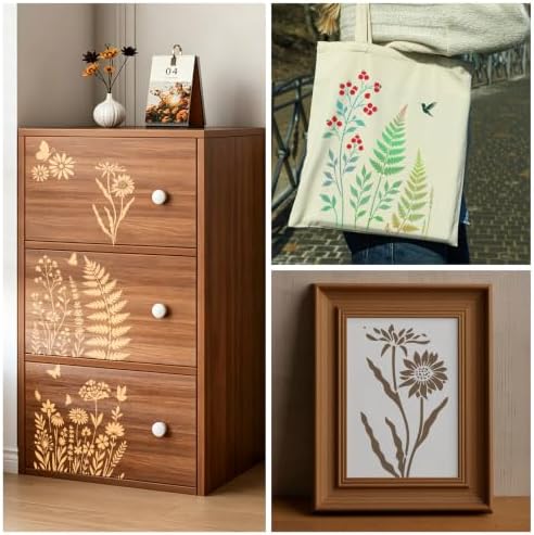 14 Pcs Plant & Wildflower Stencil Set for Painting, Large Botanical Painting Templates - Leaf, Dragonfly, Wildflower Nature Crafts Kit for DIY Furniture Wall Murals, Wood Signs, Home Decor