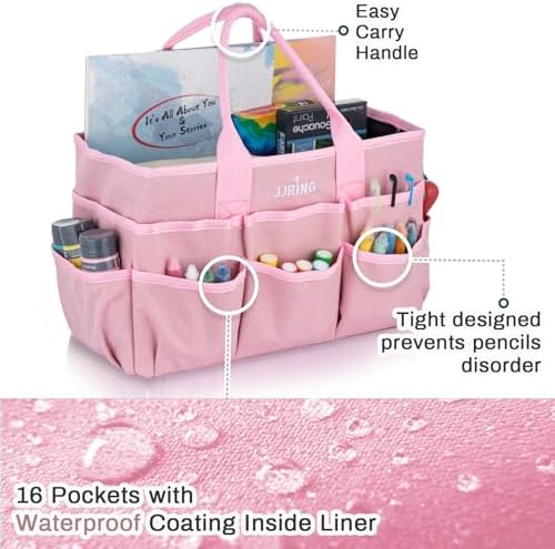 JJRING Craft Tote Bag Organizer For Art Storage With Multiple Pockets, Pink