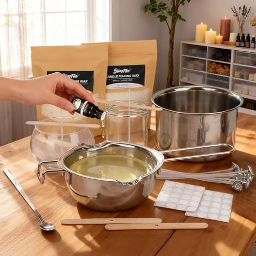 Blingfun Double Boiler Pot Set, Stainless Steel Melting Pot with Candle Wicks, Stickers,Wick Holders,Wick Placing Tube for Soap, Wax, Candle Making
