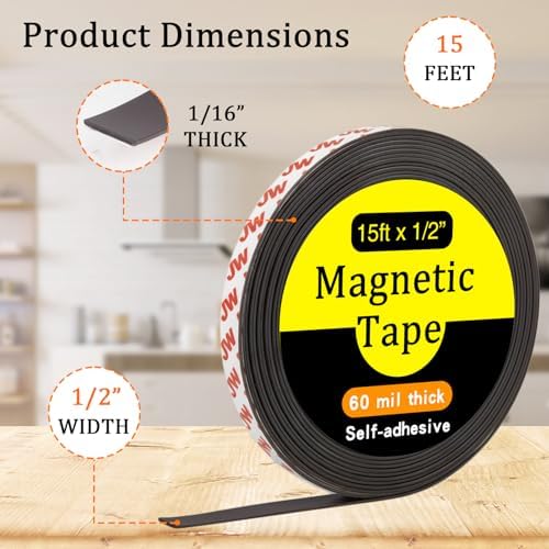 Magnetic Tape, 15 Feet x 1/2 Inch Magnet Tape with Adhesive Backing