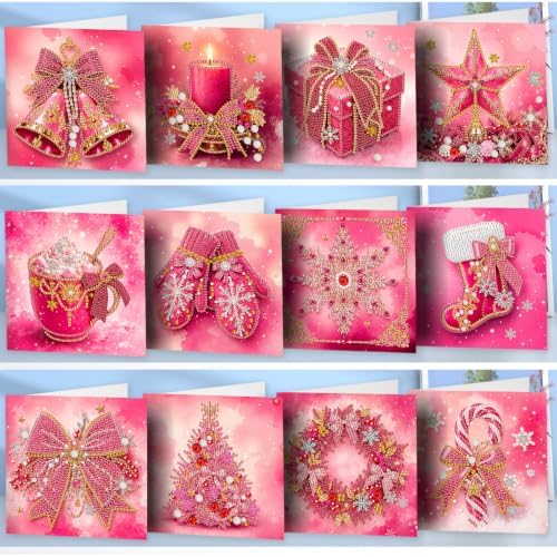 POETRYDRAW DIY Diamond Art Painting Greeting Card Kit, Creative Craft Set for Card Making，Pink Christmas