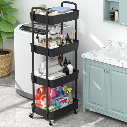 Sywhitta 4-Tier Plastic Rolling Utility Cart with Wheels for Storage, Black