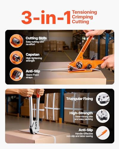 VEVOR Banding Strapping Kit, Heavy Duty Banding Sealer Tool with 330 ft Length PP Band, 100 Metal Seals, Plastic Manual Pallet Packaging Strapping Kit for Warehouse/Shipping/Moving/Home, Orange