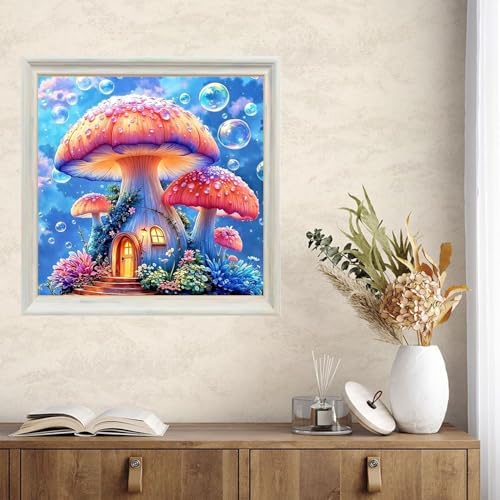 TYPUSOK Mushroom Diamond Art Kits for Adults,Round Full Drill 5D Diamond Painting Kits for Beginners,Mushroom House DIY Diamond Dots Pictures Gem Art Kit,Home Wall Decor 13.78x13.78in