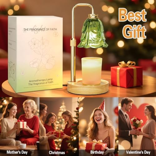 XJZJY Green Glass Flower Candle Warmer Lamp with Timer, Modern Home Decor | Dimmable wax melt warmer with 2 bulbs for jar candles, height adjustable, Green tulip design, home decor, housewarming gifts