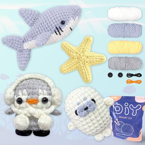 YAMAXIN Crochet Kit for Beginners – Ocean Animal Amigurumi DIY Yarn Kit with Step-by-Step Instructions, Tools & Soft Yarn – 4 Pack Crochet Kit Gift for Adults, Teens & Kids