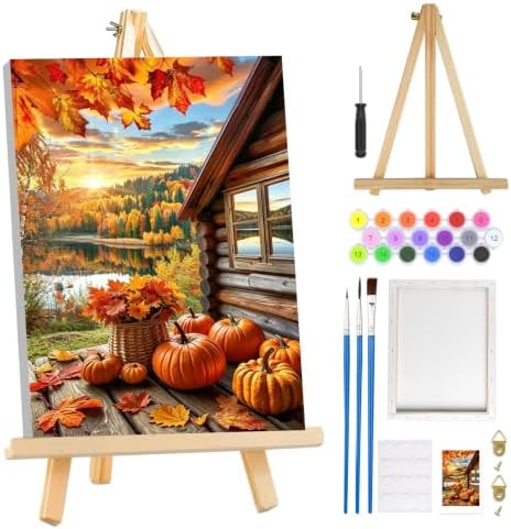 MOGTAA Fall Paint by Numbers Kit for Adults Beginners with Frame, Autumn Landsacpe Adult Paint by Number Kits on Canvas with Easel, Easy DIY Oil Painting Kits for Home Decor, 8x12in