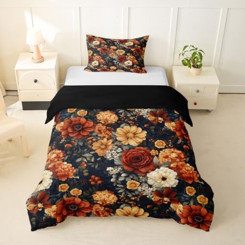 Erosebridal Boho Floral Duvet Cover Toddler Size Bohemian Flower Botanical Bedding Set for Kids Boys Girls Rustic Farmhouse Floral Comforter Cover Abstract Flowers Bedclothes Room Decor