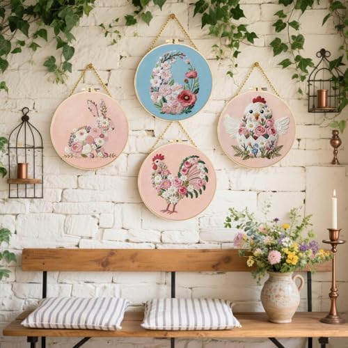 FREEBLOSS 4 Sets Embroidery Kit for Beginners Needlepoint Embroidery Starter Kit with Easter Floral Stamped Patterns, Instructions, Colored Threads, 2 Hoops 11.6"/29.5cm