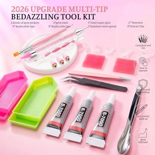 30Pcs Rhinestone Picker Tools for Bedazzling Kit - B7000 Jewelry Glue for Craft,9-in-1 System with 3 Picker Pens&9 Interchangeable Tips, Trays,Tweezers&Clay,All-in-One Diamond Art Painting Set
