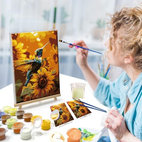 ATDMS Bird Paint by Numbers Kit for Adults with Frame Landscape Paint by Number with Easel DIY Flower Adult Paint by Number Kits Sunflower Paint by Numbers Kit on Canvas for Home Wall Decor 8x12 Inch