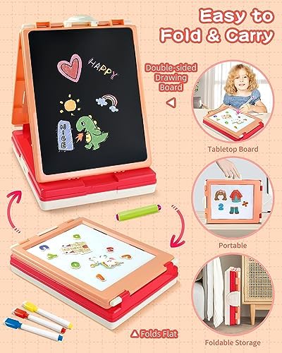 Elovien Foldable Art Easel for Kids, Double Sided with Chalkboard & Magnetic Dry Erase Board, Height Adjustable Desktop Easel, Educational Gift for Girls (Pink)