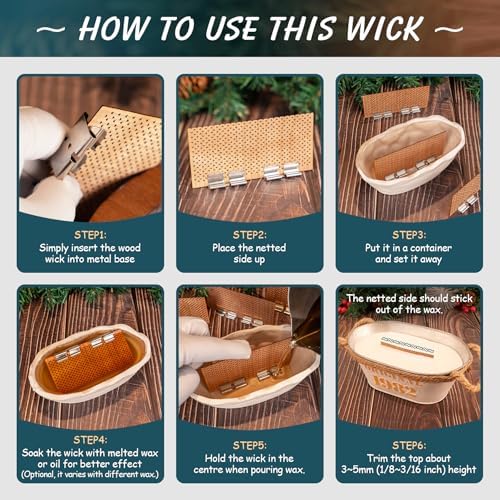 4 Set Large Wood Candle Wick Grid Design Large Wooden Wick 3.9x2.0inch / 100x50mm (Width*Height), Natural Crackling Wood Wick Core with Iron Stands for Soy Candle Making Candles Supplies