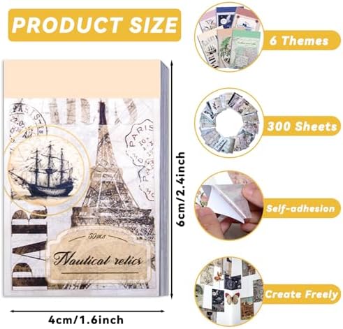EggSun 300Pcs Washi Sticker Book Set Aesthetic Scrapbook Paper for Story Journaling, 6 Theme DIY Decorative Paper Sticker Kit for Junk Journal Art Scrapbooking Diary Card Craft Gift Notebook Making