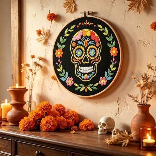 Nuberlic Sugar Skull Embroidery Kit for Beginners Adults Stamped Needlework