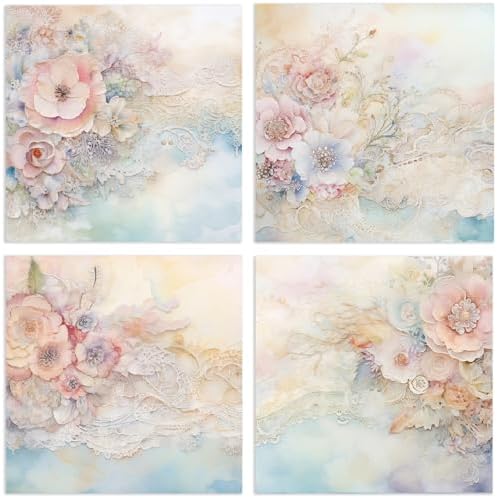 6x6 Scrapbook Paper Pad - Silent Blossom Vintage Lace 160gsm Cardstock, 24 Pcs Pastel Watercolor Floral Decorative Paper for Wedding Junk Journal Supplies