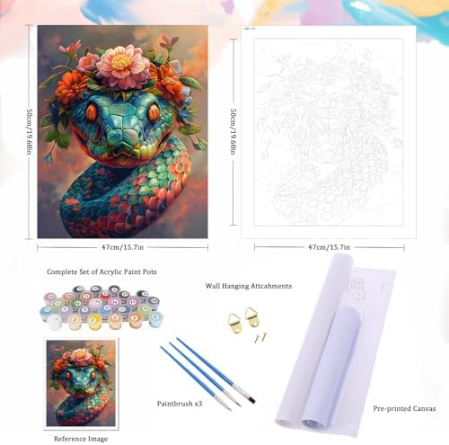 Natuyalo Paint by Numbers for Adults - Colorful Snake and Flowers Paint by Number Kits on Canvas Without Frame, Animal DIY Acrylic Painting for Ideal Gift Home Wall Decor 16x20 Inch