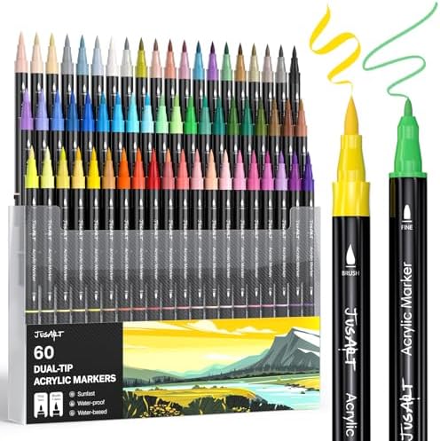 JusArt Acrylic Paint Markers 60 Colors, Dual Tip Art Supplies for Rock